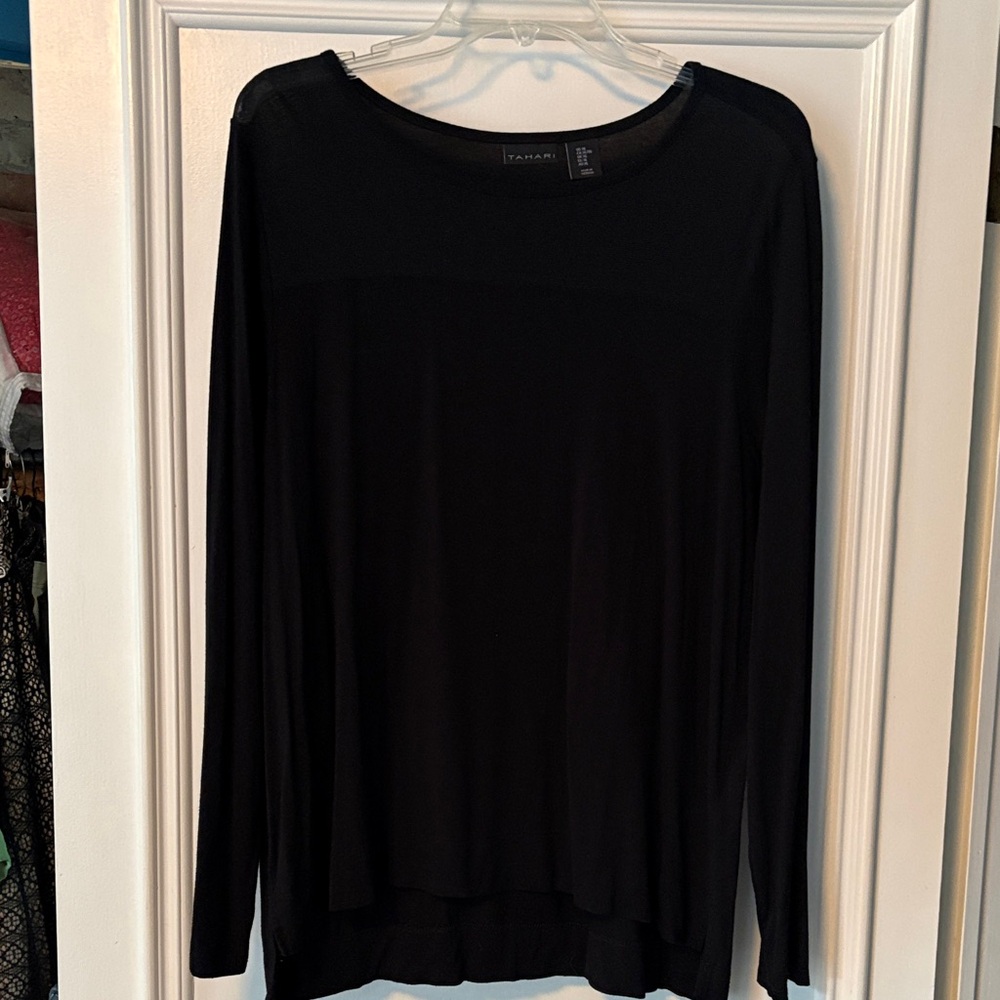Tahari Black Long Sleeve Lightweight Tunic with Sheer Inlay